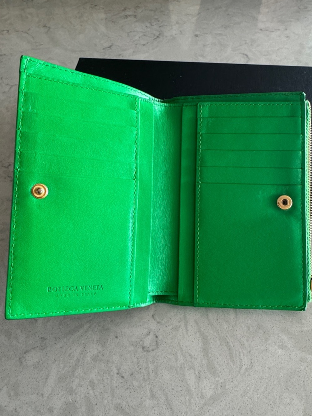 Bottega Veneta Neon Green Leather Wallet with Gold Hardware